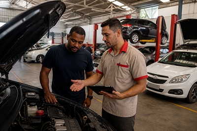 Mecânico com prancheta na mão inspecionando carro com cliente